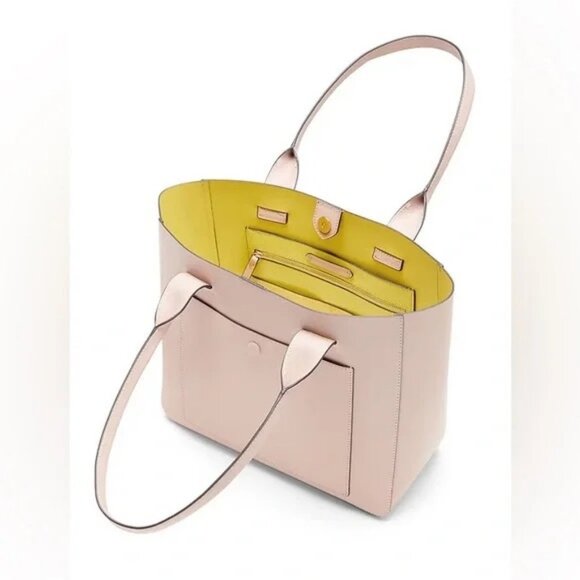 Banana Republic Leather Large East-West Tote Taupe With Lime Interior L/N - Picture 2 of 12